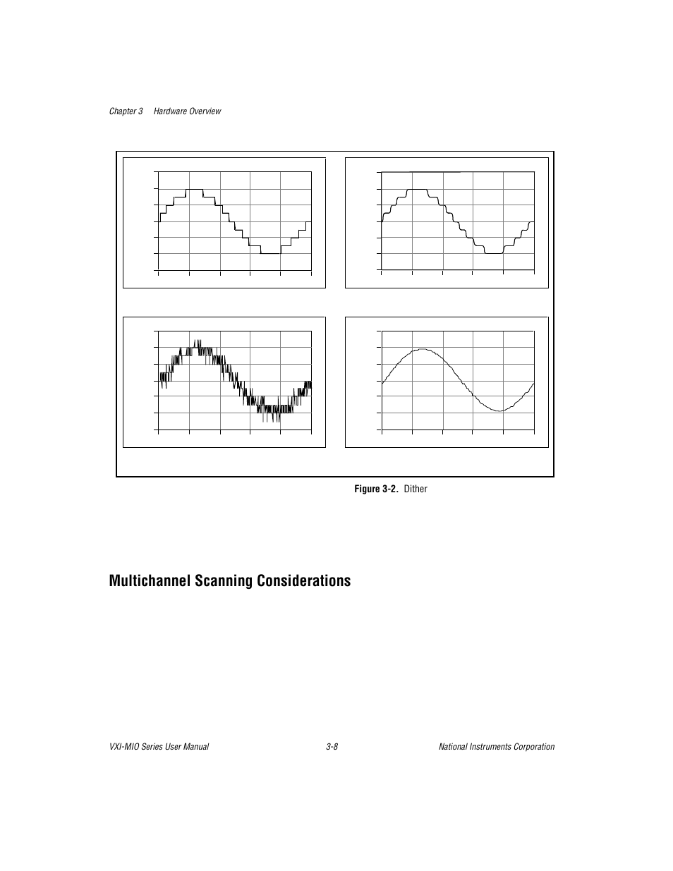 Multichannel scanning considerations, Figure 3-2. dither, Multichannel scanning considerations -8 | Figure 3-2. dither -8, D. dither enabled; average of 50 acquisitions | National Instruments VXI-MIO Series User Manual | Page 37 / 151