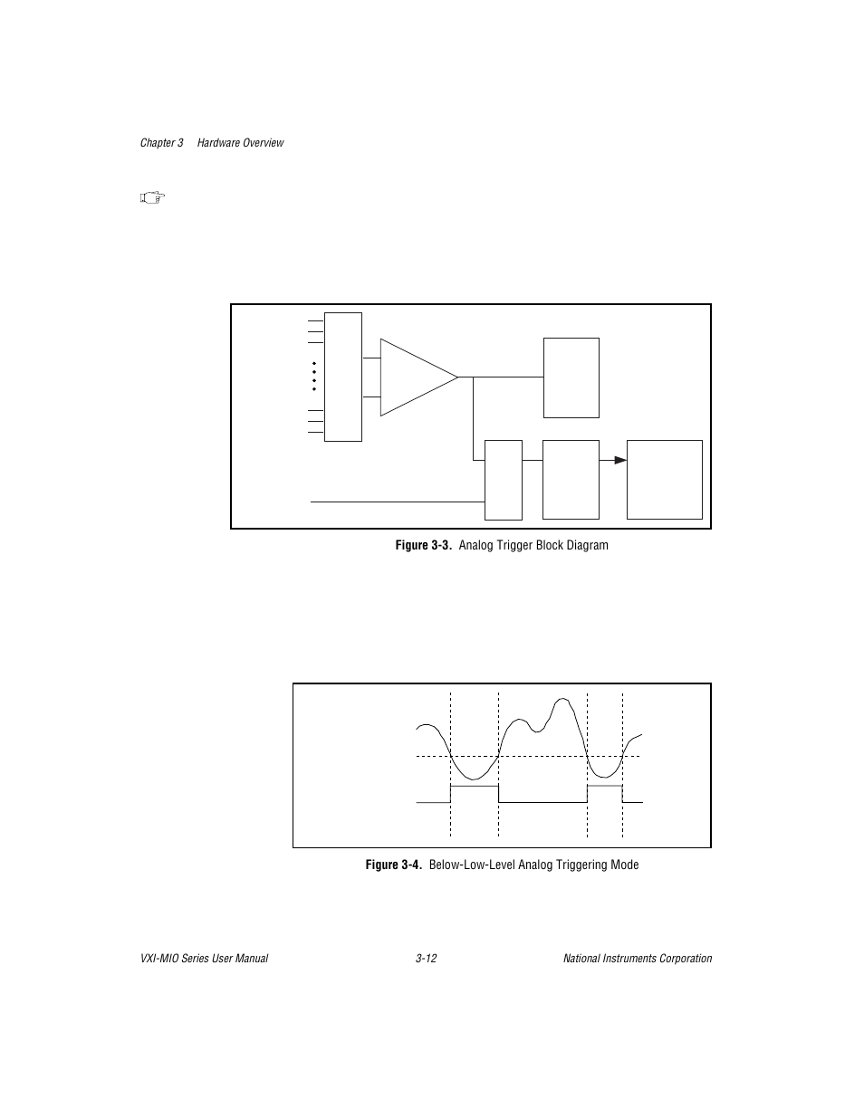 Figure 3-3. analog trigger block diagram, Figure 3-4. below-low-level analog triggering mode | National Instruments VXI-MIO Series User Manual | Page 41 / 151