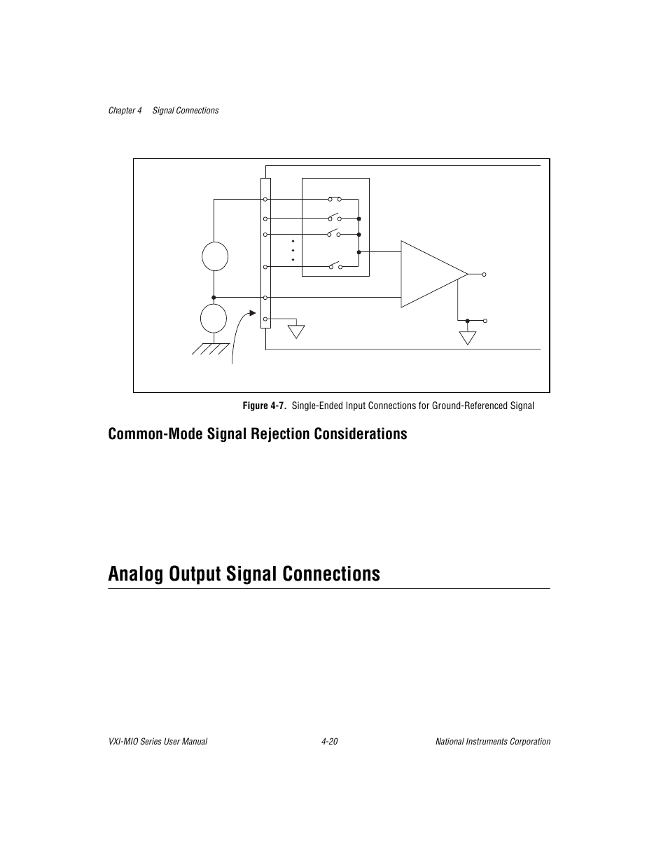 Common-mode signal rejection considerations, Analog output signal connections, Common-mode signal rejection considerations -20 | Analog output signal connections -20 | National Instruments VXI-MIO Series User Manual | Page 66 / 151