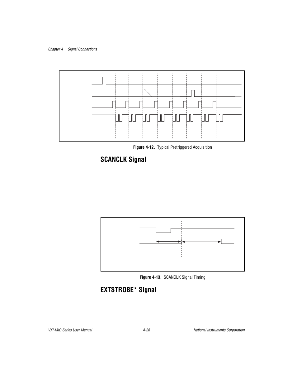 Scanclk signal, Extstrobe* signal, Figure 4-12. typical pretriggered acquisition | Figure 4-13. scanclk signal timing, Scanclk signal -26 extstrobe* signal -26 | National Instruments VXI-MIO Series User Manual | Page 72 / 151
