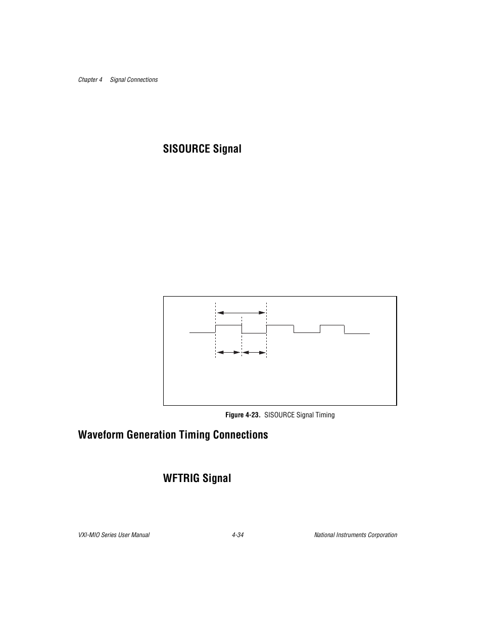 Sisource signal, Waveform generation timing connections, Wftrig signal | Figure 4-23. sisource signal timing, Sisource signal -34, Waveform generation timing connections -34, Wftrig signal -36 update* signal -36, Figure 4-23. sisource signal timing -34 | National Instruments VXI-MIO Series User Manual | Page 80 / 151