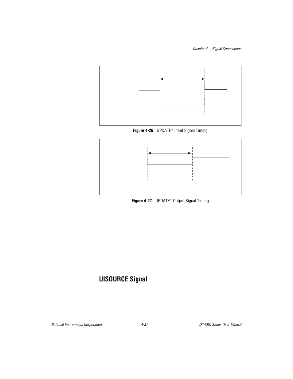 Uisource signal, Figure 4-26. update* input signal timing, Figure 4-27. update* output signal timing | Uisource signal -37 | National Instruments VXI-MIO Series User Manual | Page 83 / 151