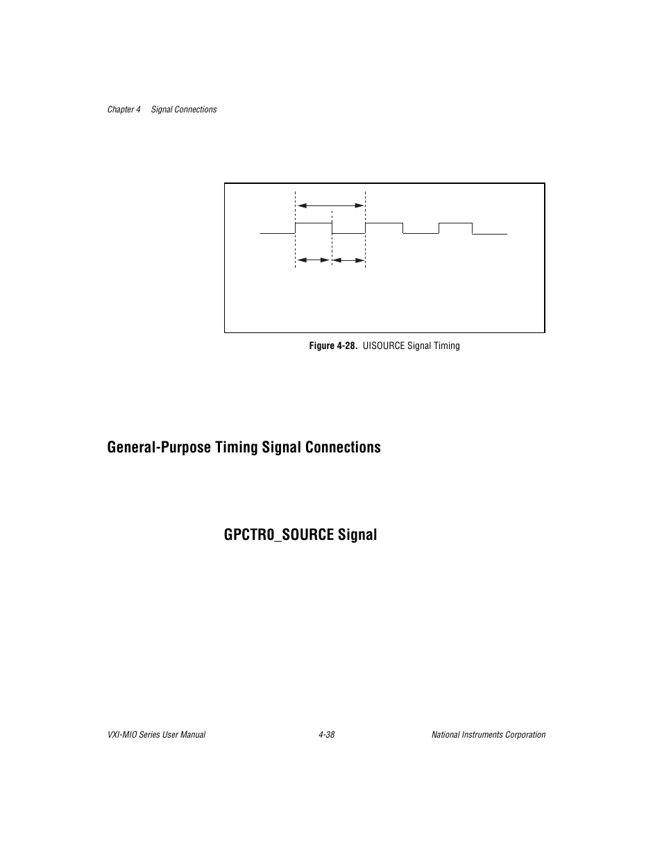 General-purpose timing signal connections, Gpctr0_source signal, Figure 4-28. uisource signal timing | General-purpose timing signal connections -38, Gpctr0_source signal -38, Figure 4-28. uisource signal timing -38 | National Instruments VXI-MIO Series User Manual | Page 84 / 151