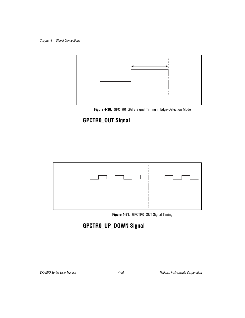 Gpctr0_out signal, Gpctr0_up_down signal, Figure 4-31. gpctr0_out signal timing | Gpctr0_out signal -40 gpctr0_up_down signal -40 | National Instruments VXI-MIO Series User Manual | Page 86 / 151