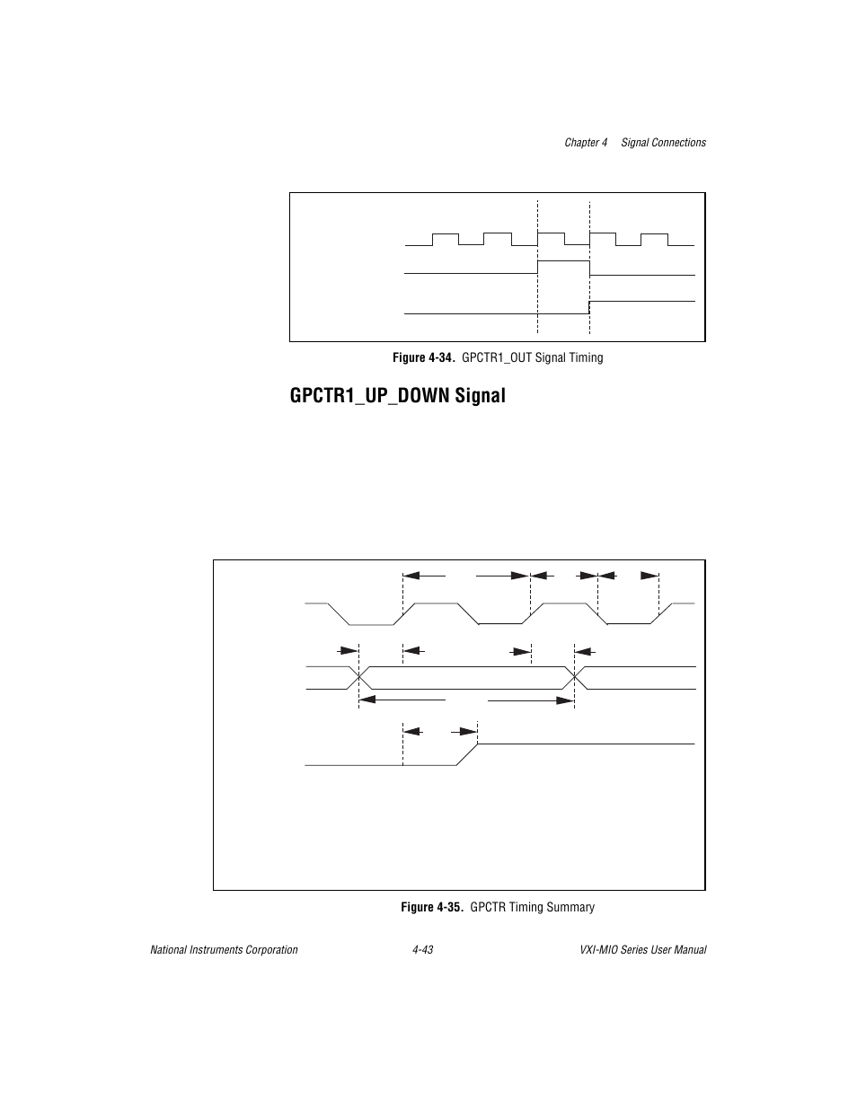 Gpctr1_up_down signal, Figure 4-34. gpctr1_out signal timing, Figure 4-35. gpctr timing summary | Gpctr1_up_down signal -43 | National Instruments VXI-MIO Series User Manual | Page 89 / 151