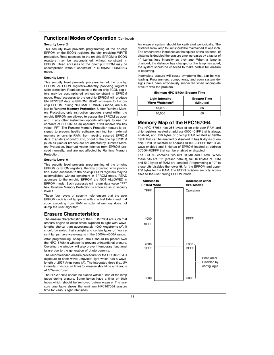 Functional modes of operation, Erasure characteristics | National Instruments HPC167064 User Manual | Page 11 / 34