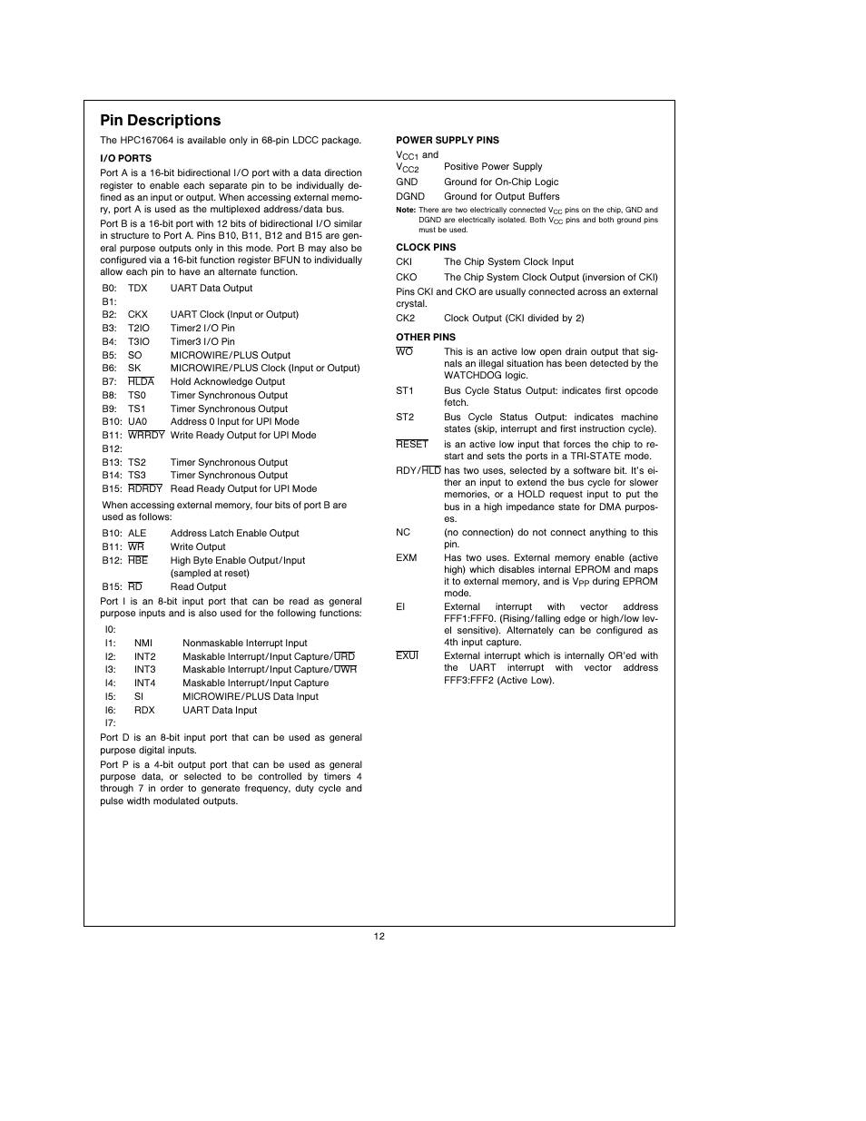 Pin descriptions | National Instruments HPC167064 User Manual | Page 12 / 34