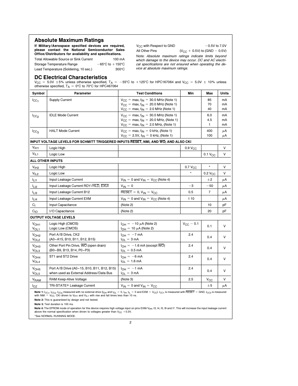 Absolute maximum ratings, Dc electrical characteristics | National Instruments HPC167064 User Manual | Page 2 / 34
