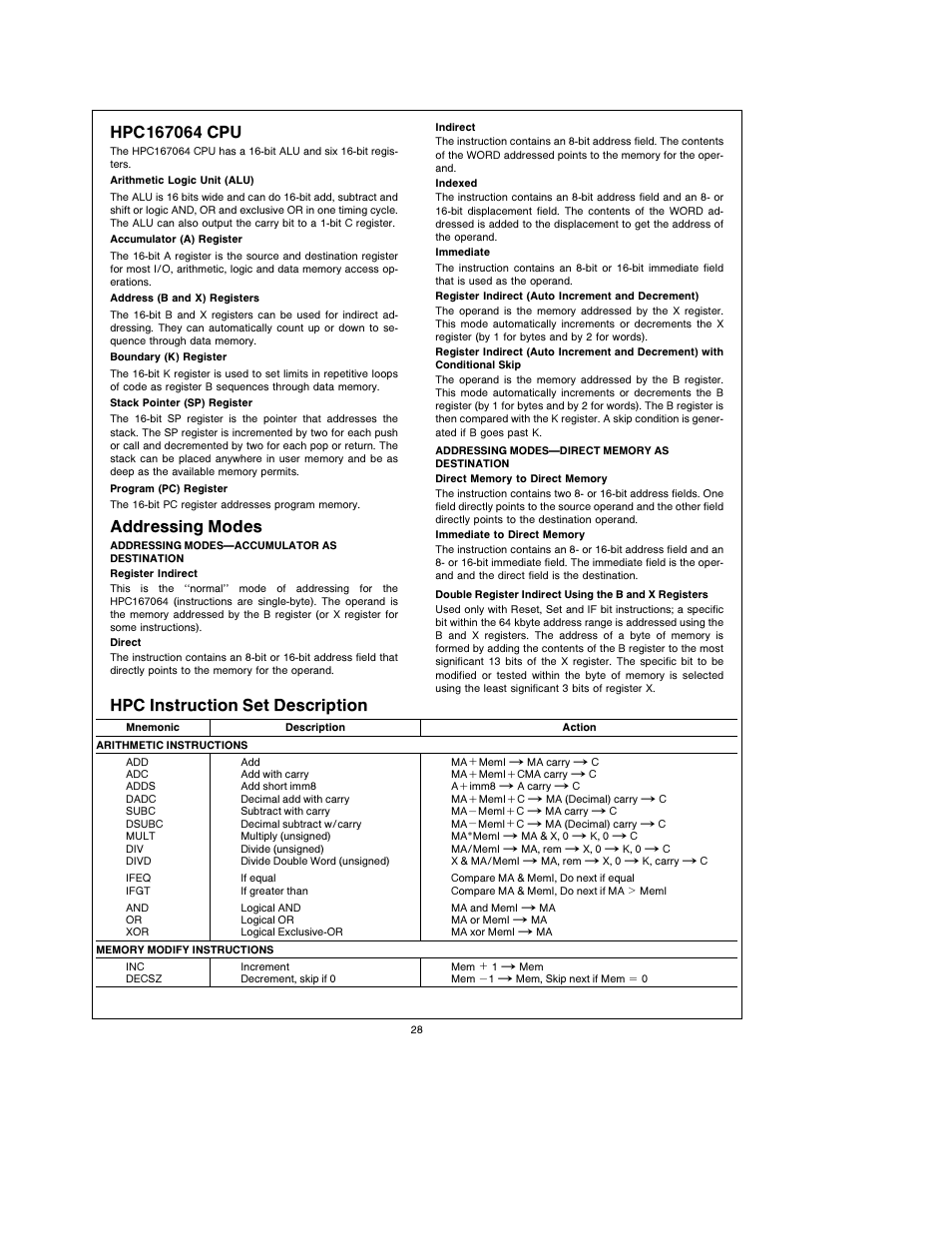 Addressing modes, Hpc instruction set description | National Instruments HPC167064 User Manual | Page 28 / 34