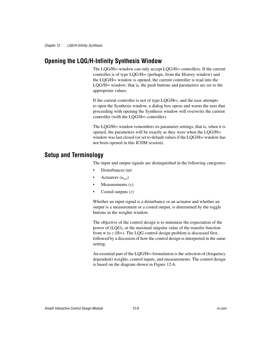 Opening the lqg/h-infinity synthesis window, Setup and terminology | National Instruments Xmath Interactive Control Design Module ICDM User Manual | Page 102 / 129