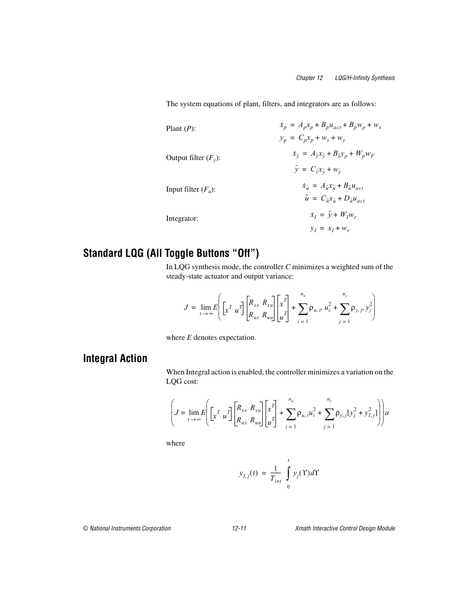 Standard lqg (all toggle buttons “off”), Integral action | National Instruments Xmath Interactive Control Design Module ICDM User Manual | Page 105 / 129