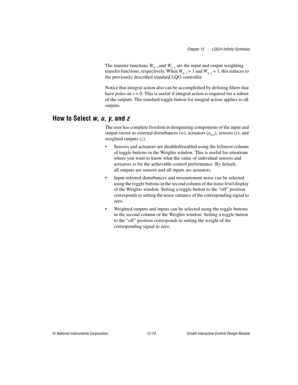 How to select w, u, y, and z, How to select w , u , y , and z -13, How to select w , u , y , and z | National Instruments Xmath Interactive Control Design Module ICDM User Manual | Page 107 / 129
