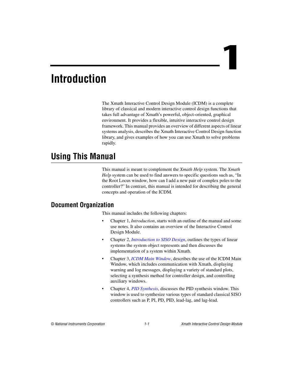 Chapter 1 introduction, Using this manual, Document organization | Using this manual -1, Document organization -1, Introduction | National Instruments Xmath Interactive Control Design Module ICDM User Manual | Page 11 / 129
