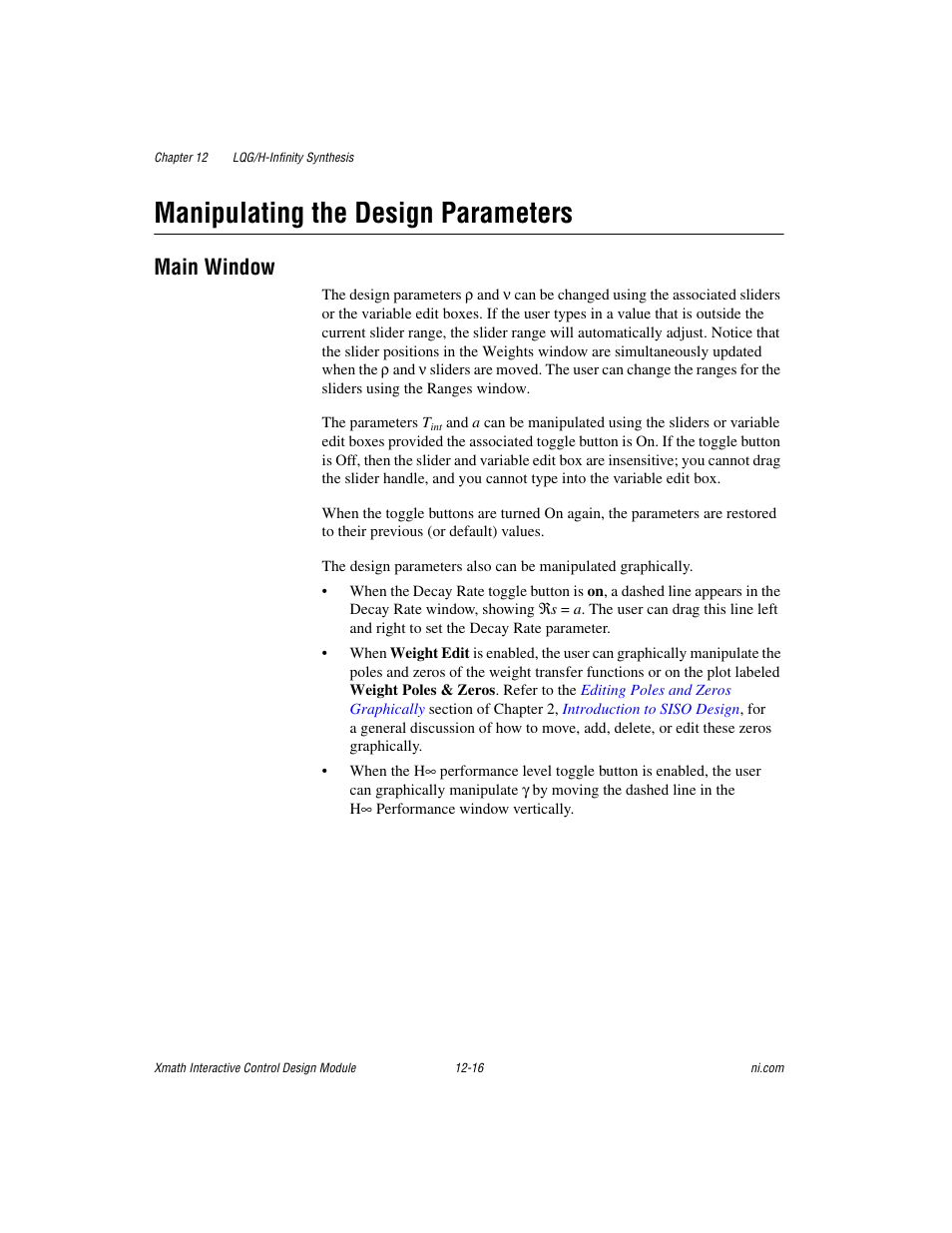Manipulating the design parameters, Main window, Manipulating the design parameters -16 | Main window -16 | National Instruments Xmath Interactive Control Design Module ICDM User Manual | Page 110 / 129