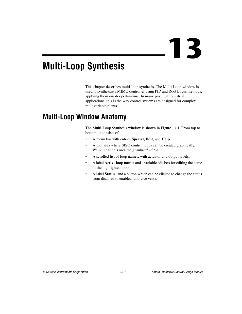 Chapter 13 multi-loop synthesis, Multi-loop window anatomy, Multi-loop window anatomy -1 | Er 13, Multi-loop synthesis | National Instruments Xmath Interactive Control Design Module ICDM User Manual | Page 112 / 129