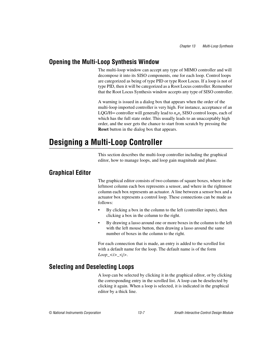 Opening the multi-loop synthesis window, Designing a multi-loop controller, Graphical editor | Selecting and deselecting loops, Opening the multi-loop synthesis window -7, Designing a multi-loop controller -7 | National Instruments Xmath Interactive Control Design Module ICDM User Manual | Page 118 / 129