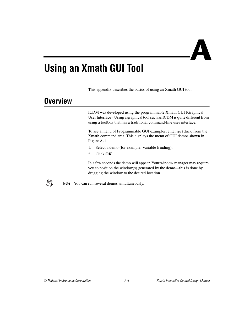 Appendix a using an xmath gui tool, Using an xmath gui tool, Ix a | For a, Overview | National Instruments Xmath Interactive Control Design Module ICDM User Manual | Page 120 / 129