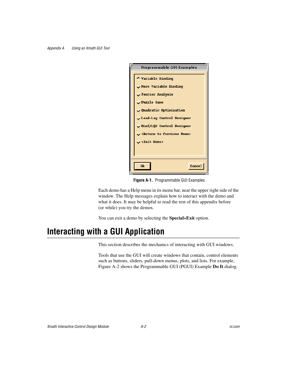 Figure a-1. programmable gui examples, Interacting with a gui application | National Instruments Xmath Interactive Control Design Module ICDM User Manual | Page 121 / 129