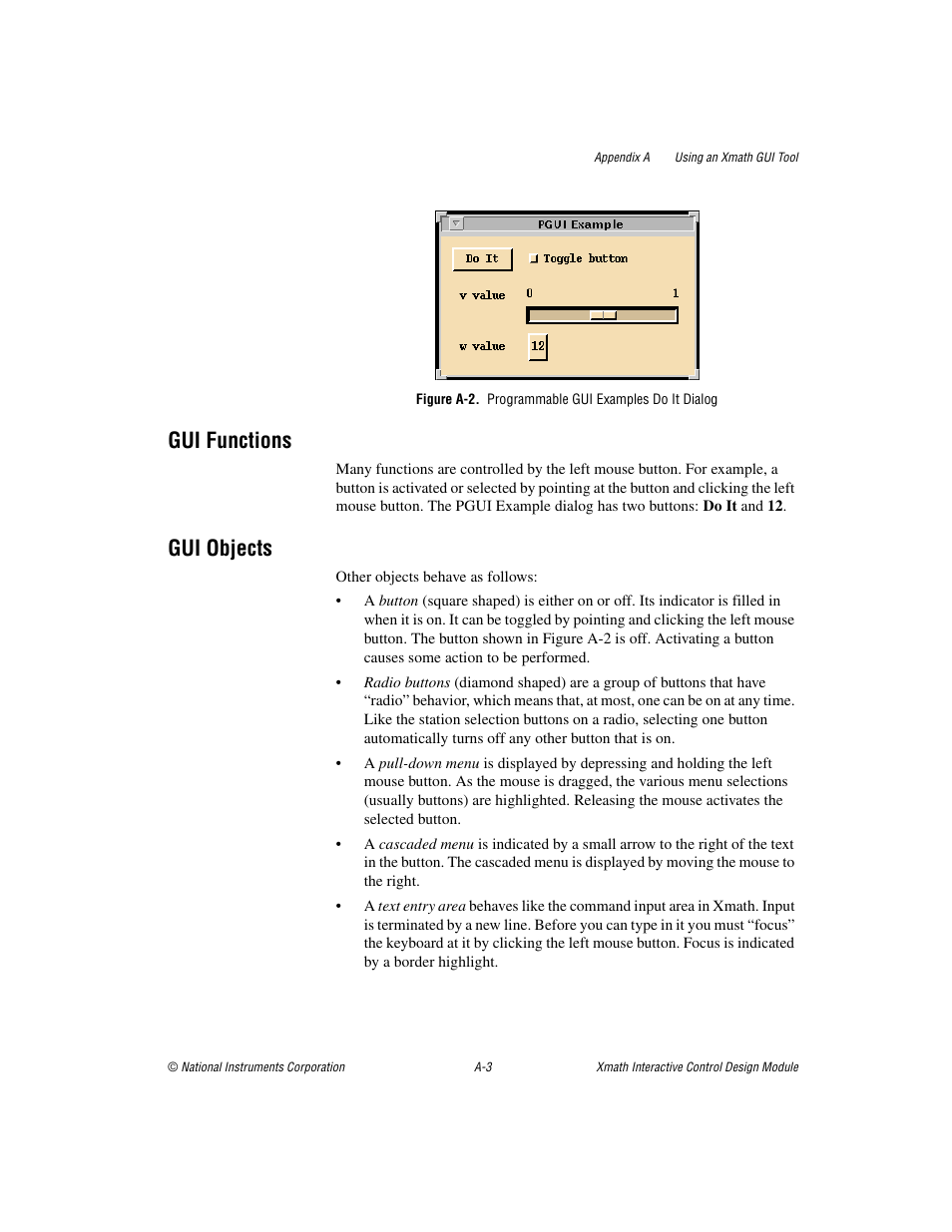 Figure a-2. programmable gui examples do it dialog, Gui functions, Gui objects | National Instruments Xmath Interactive Control Design Module ICDM User Manual | Page 122 / 129