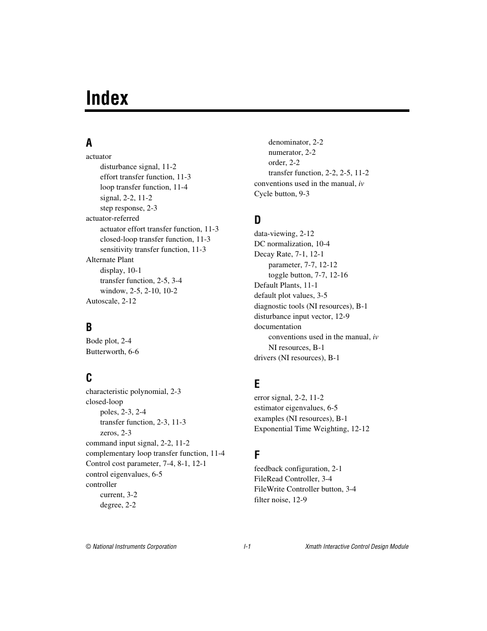 Index | National Instruments Xmath Interactive Control Design Module ICDM User Manual | Page 127 / 129