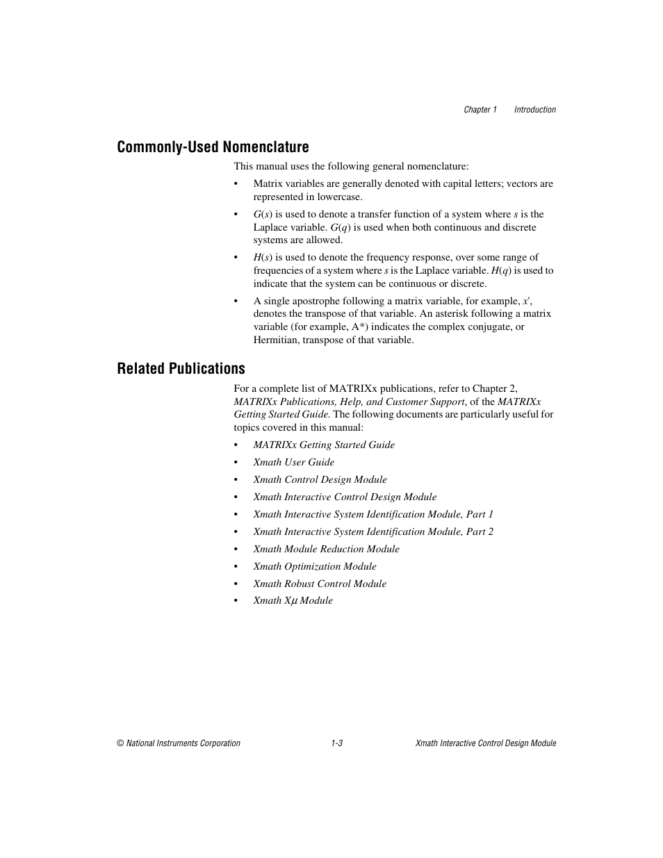 Commonly-used nomenclature, Related publications | National Instruments Xmath Interactive Control Design Module ICDM User Manual | Page 13 / 129