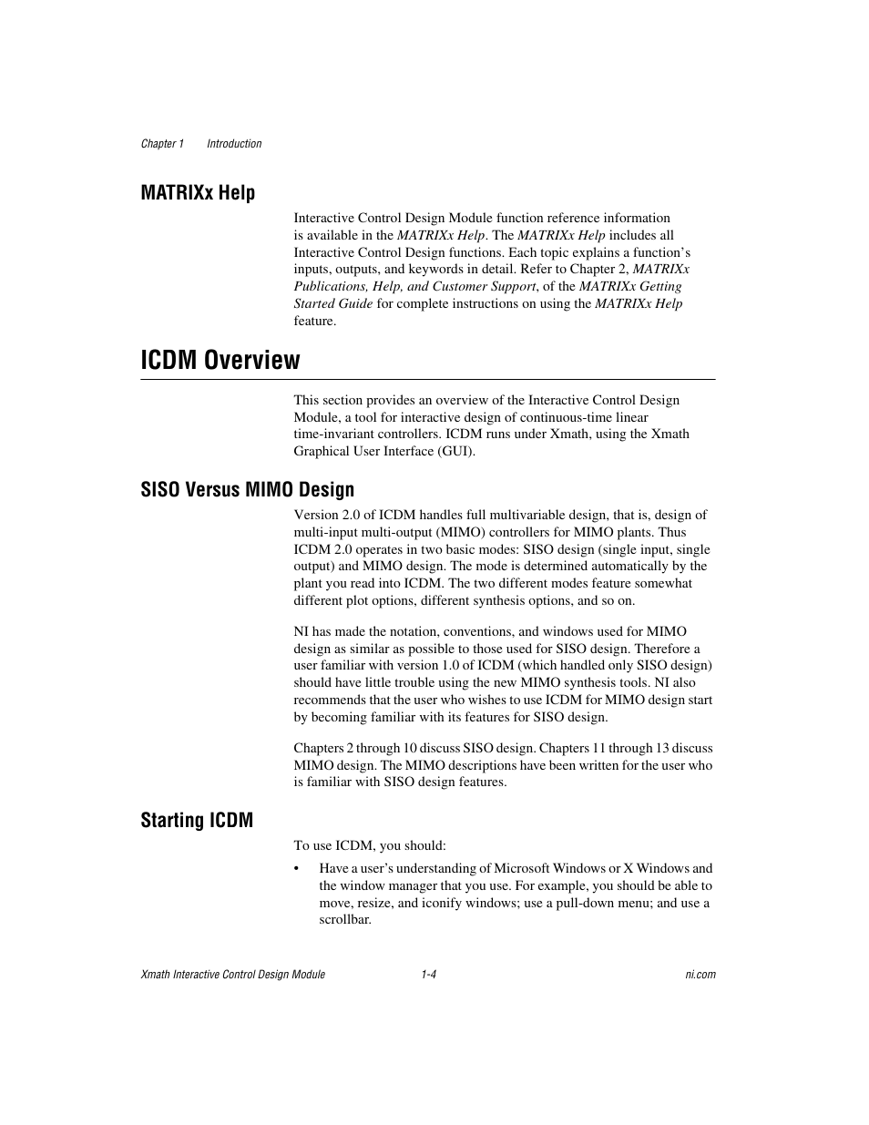Matrixx help, Icdm overview, Siso versus mimo design | Starting icdm, Matrixx help -4, Icdm overview -4, Siso versus mimo design -4 starting icdm -4 | National Instruments Xmath Interactive Control Design Module ICDM User Manual | Page 14 / 129