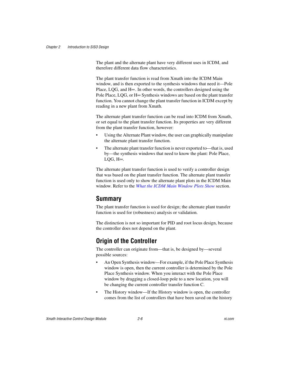 Summary, Origin of the controller, Summary -6 origin of the controller -6 | National Instruments Xmath Interactive Control Design Module ICDM User Manual | Page 21 / 129