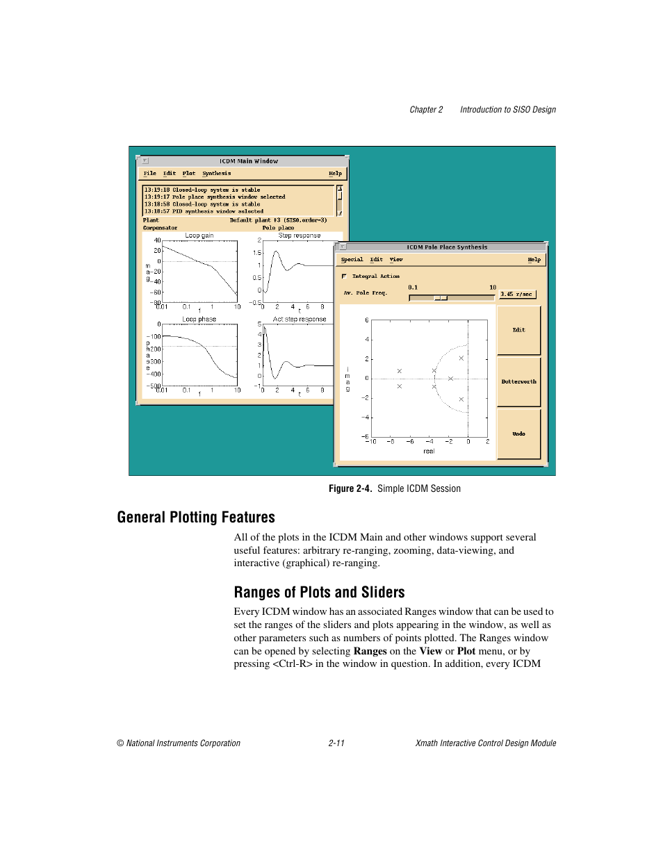 Figure 2-4. simple icdm session, General plotting features, Ranges of plots and sliders | General plotting features -11, Ranges of plots and sliders -11 | National Instruments Xmath Interactive Control Design Module ICDM User Manual | Page 26 / 129