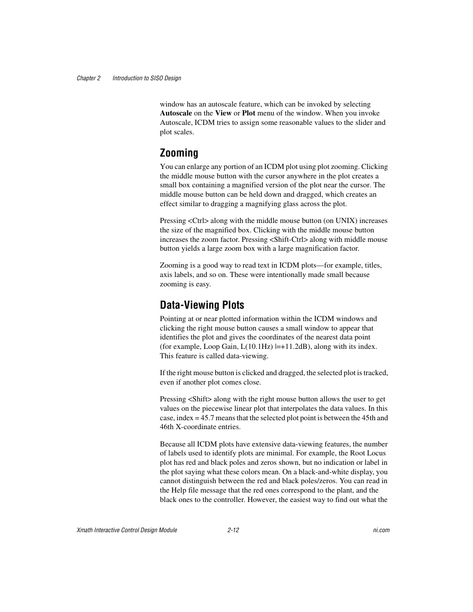 Zooming, Data-viewing plots, Zooming -12 data-viewing plots -12 | Data-viewing, Plots, Sectio | National Instruments Xmath Interactive Control Design Module ICDM User Manual | Page 27 / 129