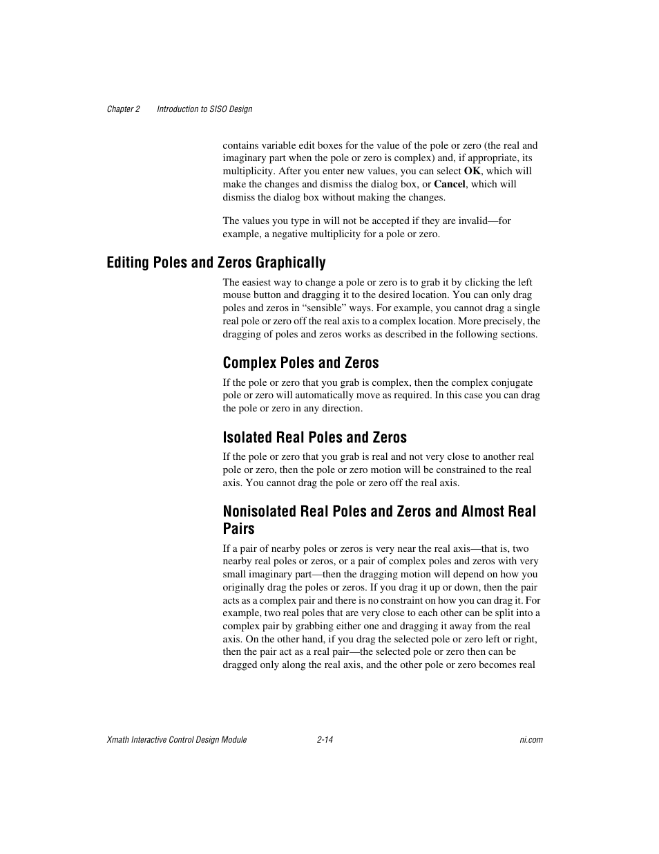 Editing poles and zeros graphically, Complex poles and zeros, Isolated real poles and zeros | Editing poles and zeros graphically -14 | National Instruments Xmath Interactive Control Design Module ICDM User Manual | Page 29 / 129