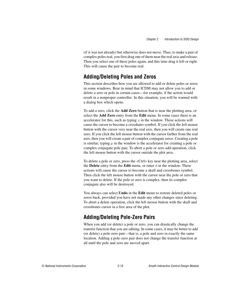 Adding/deleting poles and zeros, Adding/deleting pole-zero pairs | National Instruments Xmath Interactive Control Design Module ICDM User Manual | Page 30 / 129