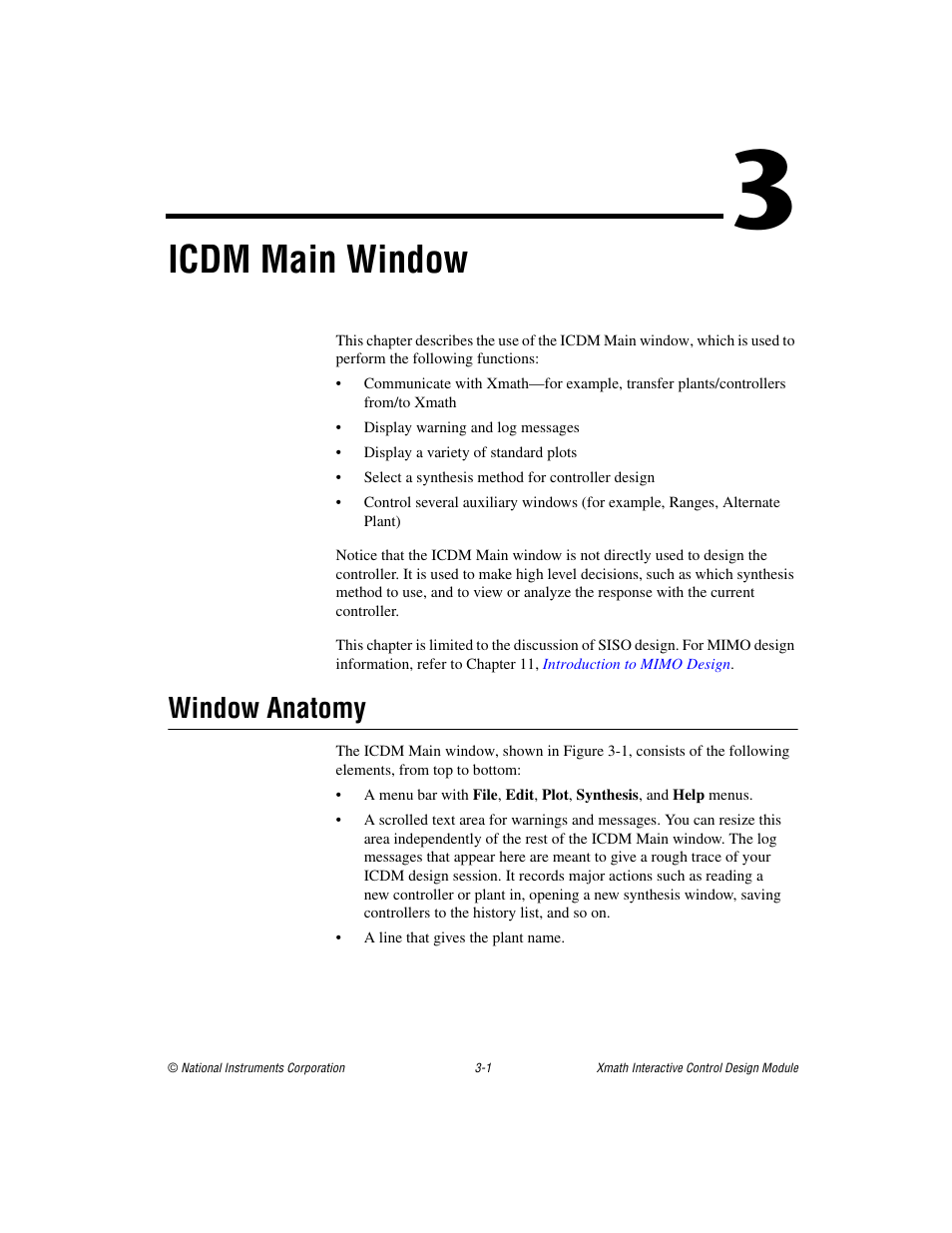 Chapter 3 icdm main window, Window anatomy, Window anatomy -1 | Er 3, Icdm main window | National Instruments Xmath Interactive Control Design Module ICDM User Manual | Page 32 / 129