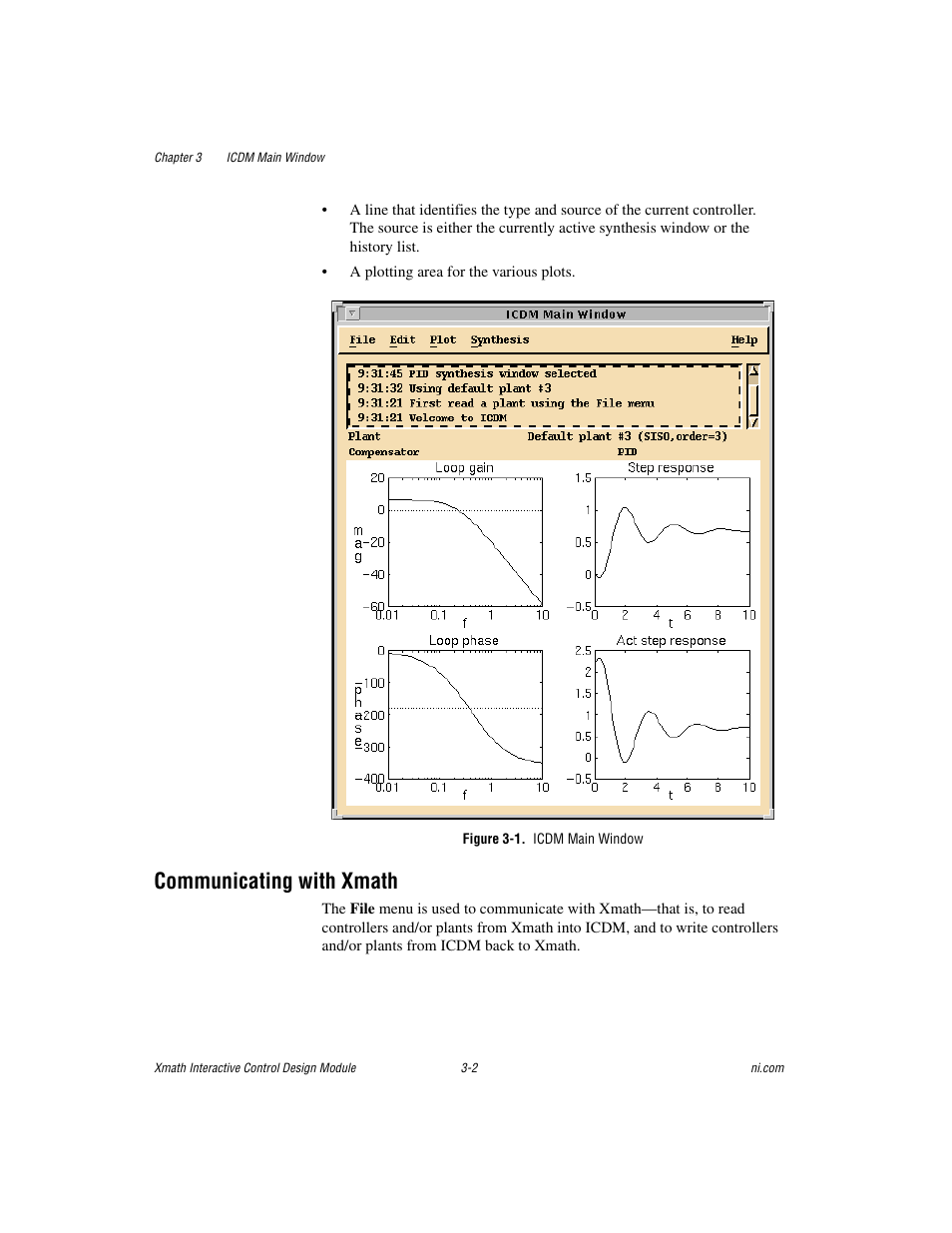 Figure 3-1. icdm main window, Communicating with xmath, Communicating with xmath -2 | Re 3-1, con | National Instruments Xmath Interactive Control Design Module ICDM User Manual | Page 33 / 129