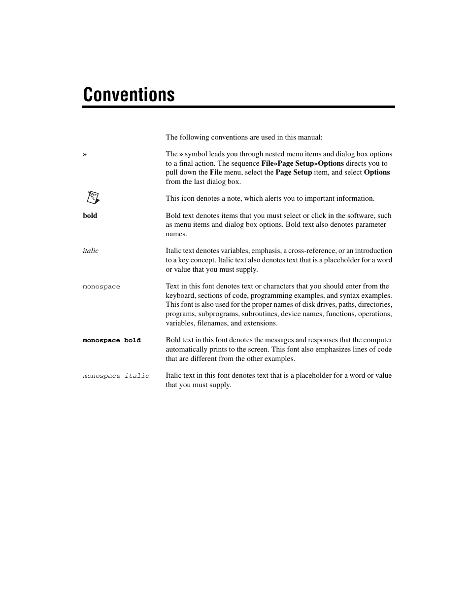 Conventions | National Instruments Xmath Interactive Control Design Module ICDM User Manual | Page 4 / 129
