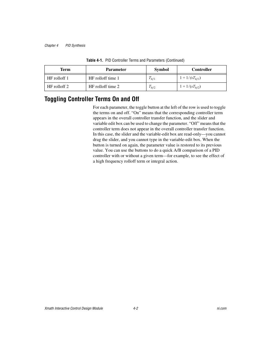 Toggling controller terms on and off, Toggling controller terms on and off -2 | National Instruments Xmath Interactive Control Design Module ICDM User Manual | Page 42 / 129