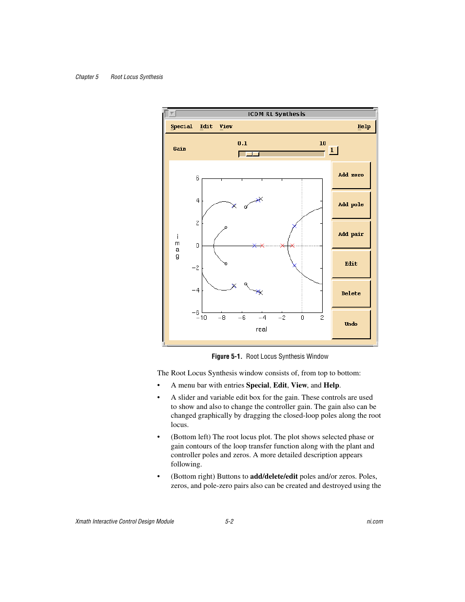 Figure 5-1. root locus synthesis window | National Instruments Xmath Interactive Control Design Module ICDM User Manual | Page 48 / 129