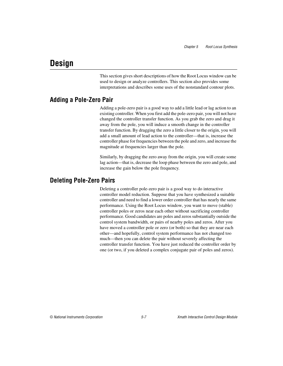 Design, Adding a pole-zero pair, Deleting pole-zero pairs | Design -7 | National Instruments Xmath Interactive Control Design Module ICDM User Manual | Page 53 / 129