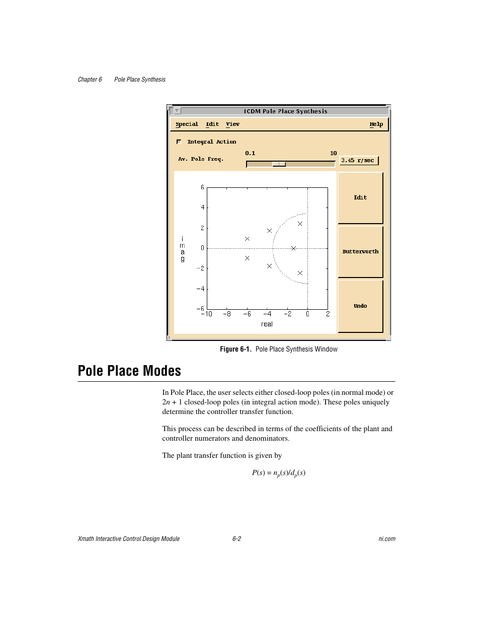 Figure 6-1. pole place synthesis window, Pole place modes, Pole place modes -2 | National Instruments Xmath Interactive Control Design Module ICDM User Manual | Page 57 / 129