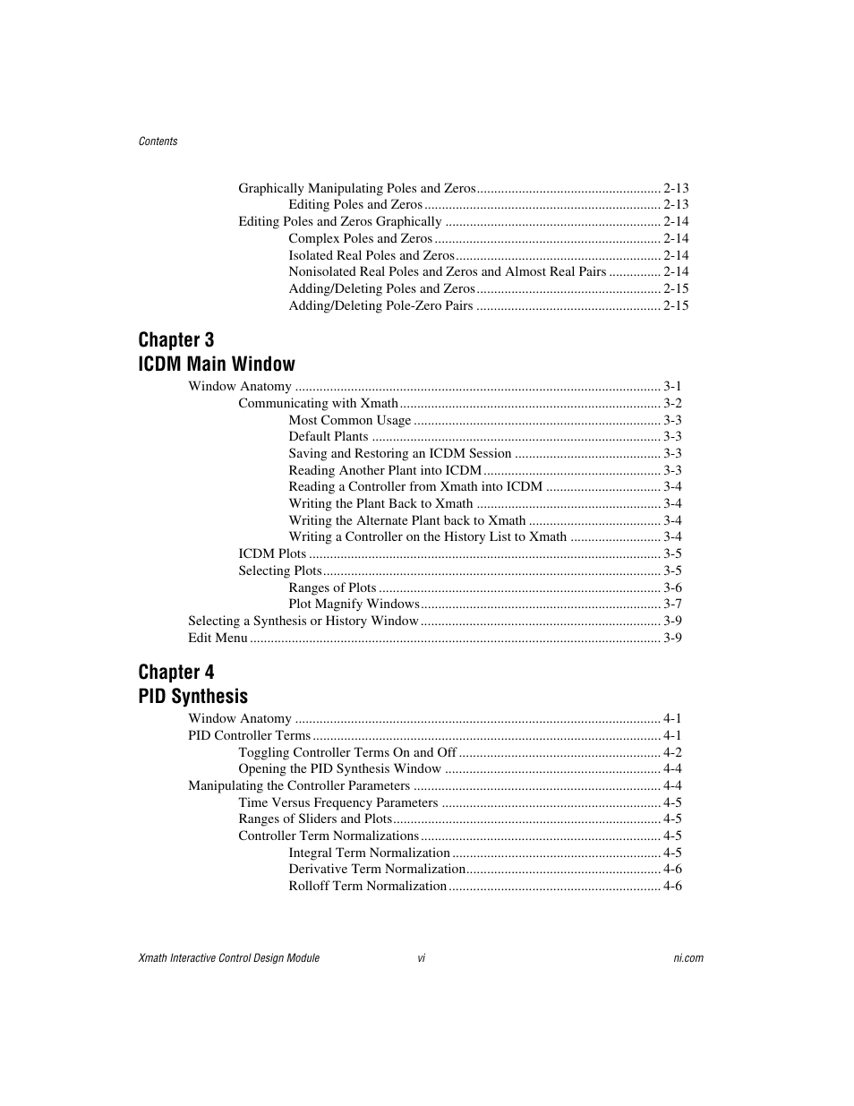 Chapter 3 icdm main window, Chapter 4 pid synthesis | National Instruments Xmath Interactive Control Design Module ICDM User Manual | Page 6 / 129