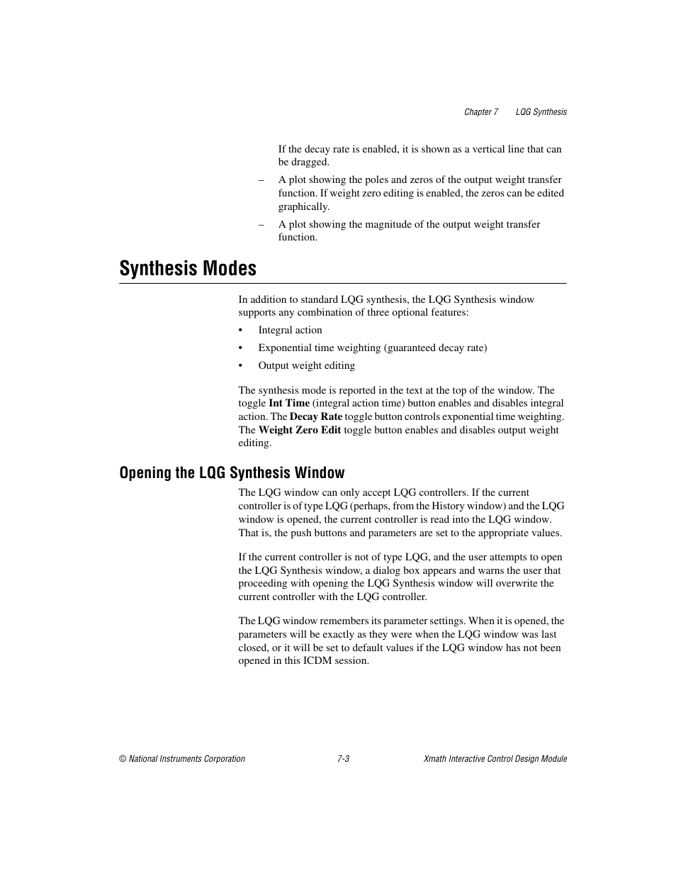 Synthesis modes, Opening the lqg synthesis window, Synthesis modes -3 | Opening the lqg synthesis window -3 | National Instruments Xmath Interactive Control Design Module ICDM User Manual | Page 64 / 129