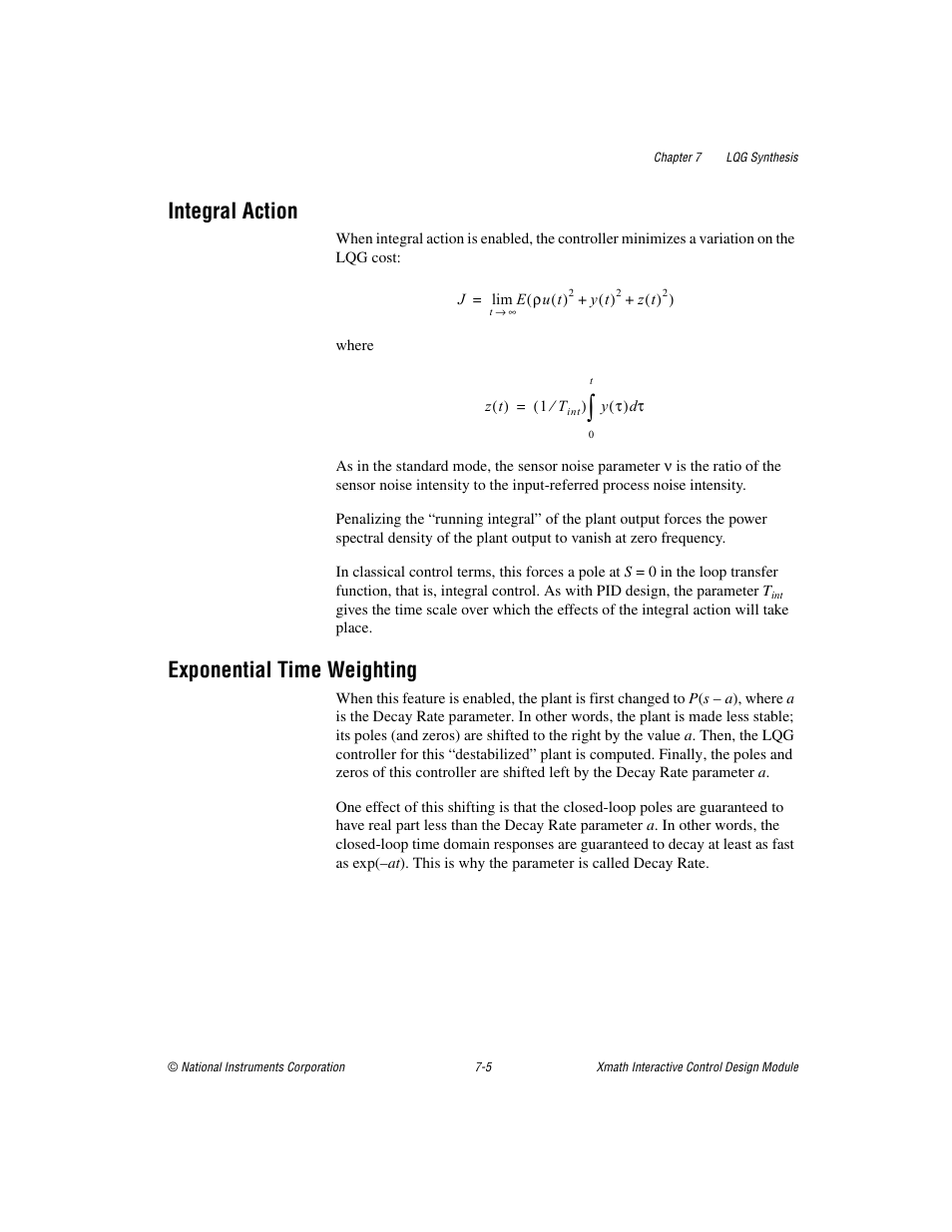 Integral action, Exponential time weighting, Integral action -5 exponential time weighting -5 | National Instruments Xmath Interactive Control Design Module ICDM User Manual | Page 66 / 129