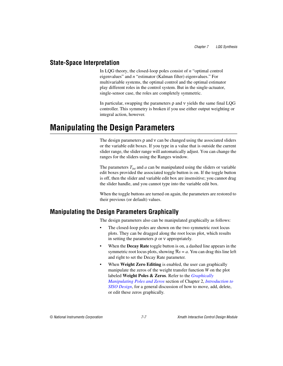 State-space interpretation, Manipulating the design parameters, Manipulating the design parameters graphically | State-space interpretation -7, Manipulating the design parameters -7, Manipulating the design parameters graphically -7 | National Instruments Xmath Interactive Control Design Module ICDM User Manual | Page 68 / 129