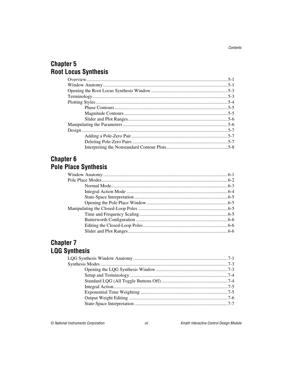 Chapter 5 root locus synthesis, Chapter 6 pole place synthesis, Chapter 7 lqg synthesis | National Instruments Xmath Interactive Control Design Module ICDM User Manual | Page 7 / 129