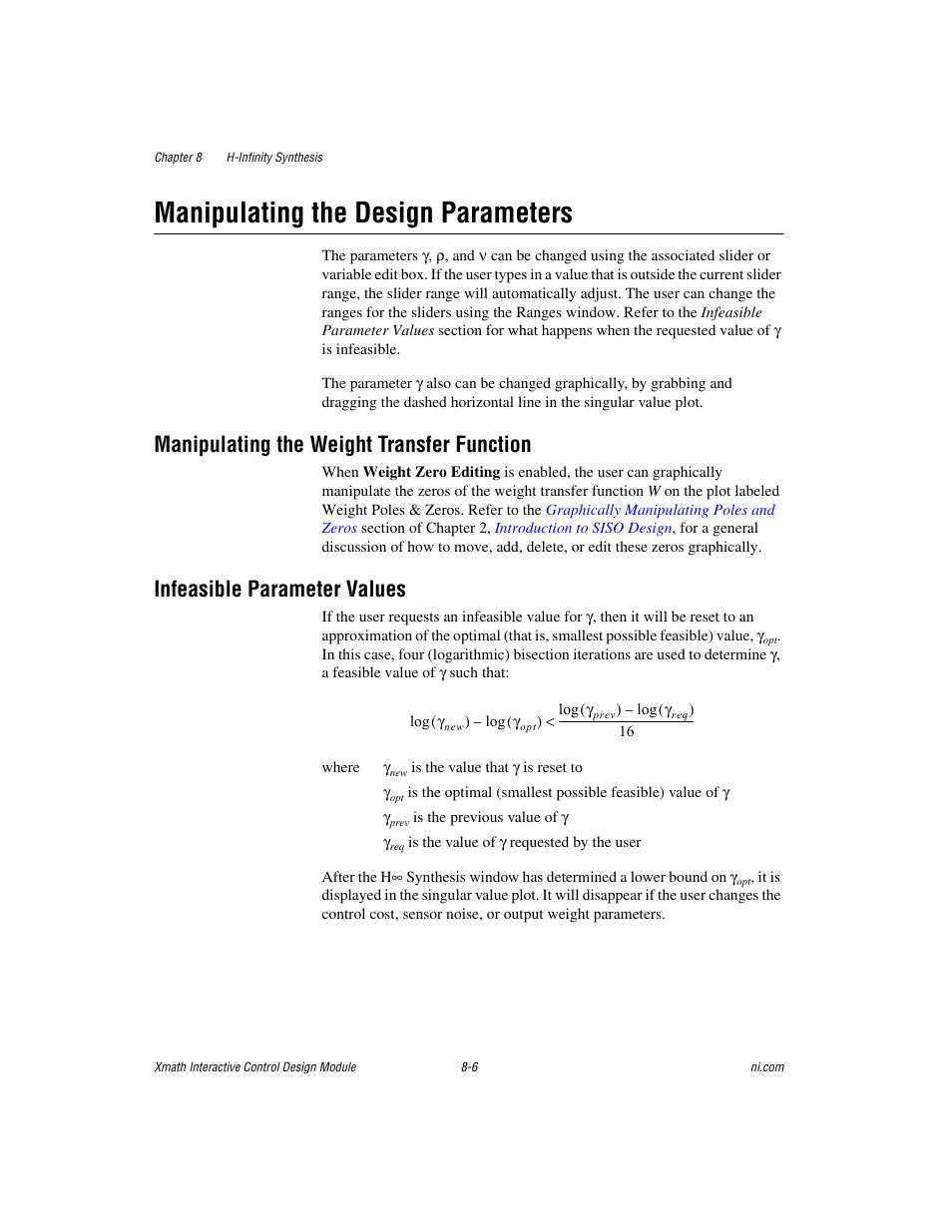 Manipulating the design parameters, Manipulating the weight transfer function, Infeasible parameter values | Manipulating the design parameters -6 | National Instruments Xmath Interactive Control Design Module ICDM User Manual | Page 75 / 129