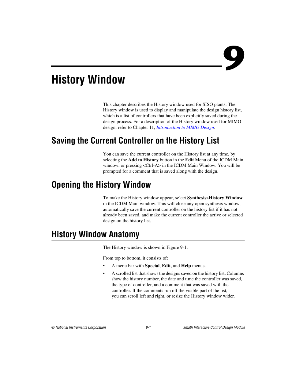Chapter 9 history window, Saving the current controller on the history list, Opening the history window | History window anatomy, Er 9, History window | National Instruments Xmath Interactive Control Design Module ICDM User Manual | Page 77 / 129