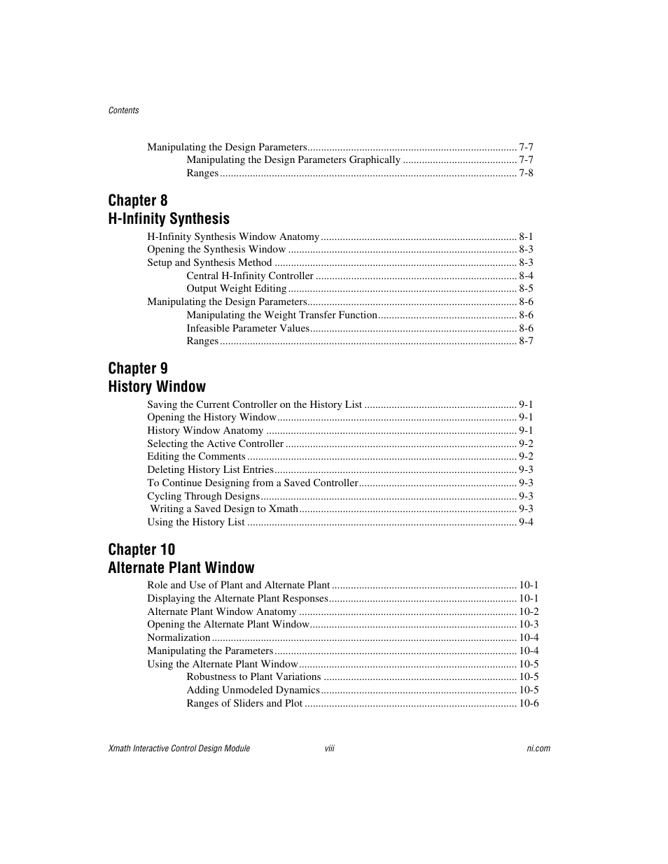 Chapter 8 h-infinity synthesis, Chapter 9 history window, Chapter 10 alternate plant window | National Instruments Xmath Interactive Control Design Module ICDM User Manual | Page 8 / 129