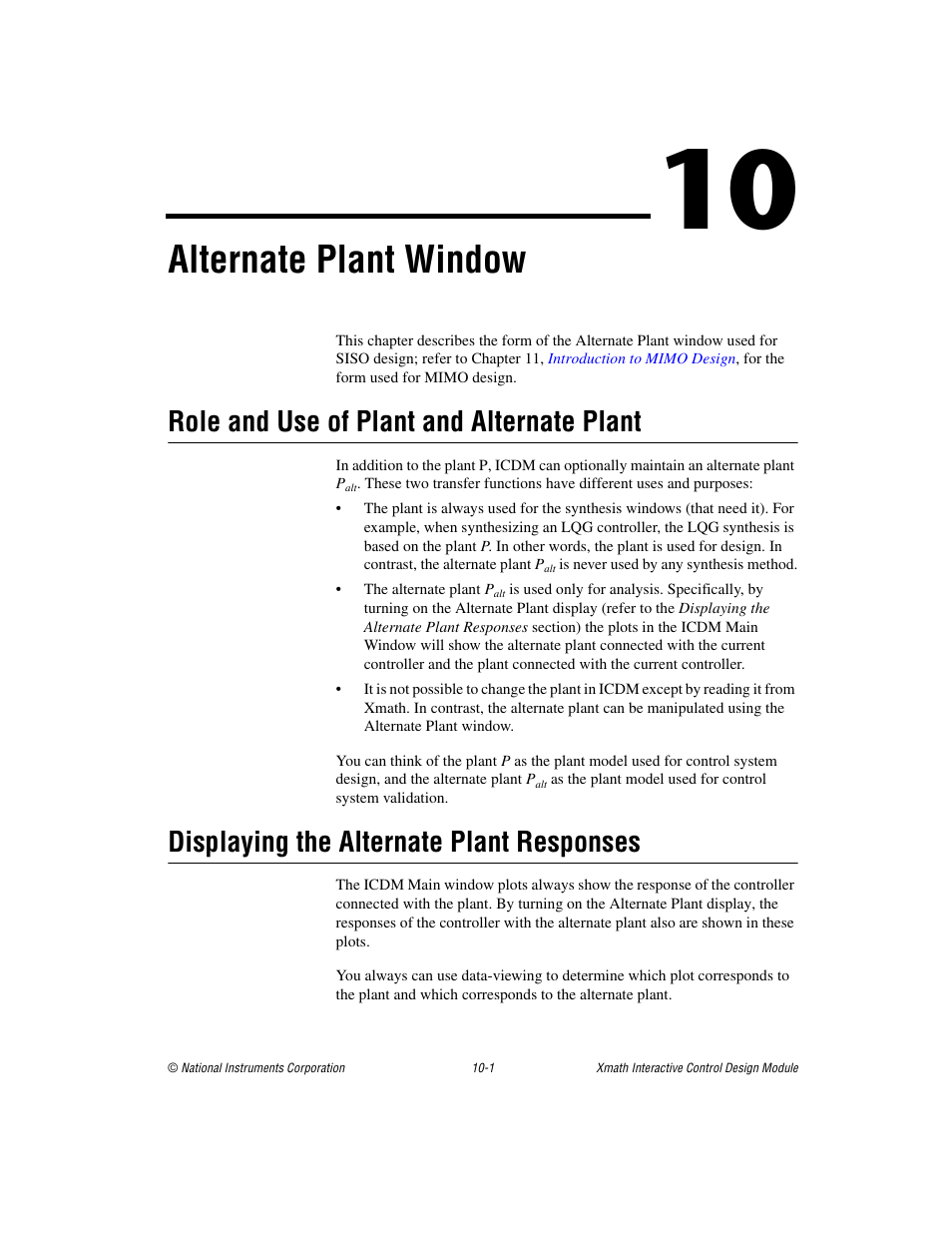 Chapter 10 alternate plant window, Role and use of plant and alternate plant, Displaying the alternate plant responses | Er 10, Alternate plant window | National Instruments Xmath Interactive Control Design Module ICDM User Manual | Page 81 / 129