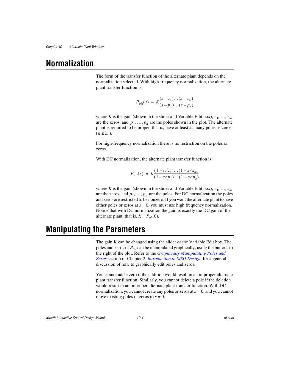 Normalization, Manipulating the parameters, Normalization -4 manipulating the parameters -4 | National Instruments Xmath Interactive Control Design Module ICDM User Manual | Page 84 / 129