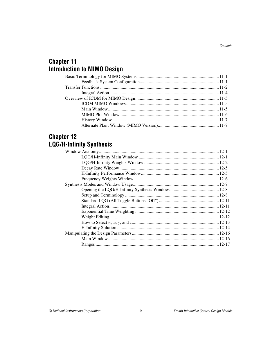 Chapter 11 introduction to mimo design, Chapter 12 lqg/h-infinity synthesis | National Instruments Xmath Interactive Control Design Module ICDM User Manual | Page 9 / 129