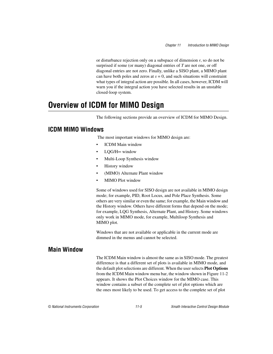 Overview of icdm for mimo design, Icdm mimo windows, Main window | Overview of icdm for mimo design -5, Icdm mimo windows -5 main window -5 | National Instruments Xmath Interactive Control Design Module ICDM User Manual | Page 91 / 129